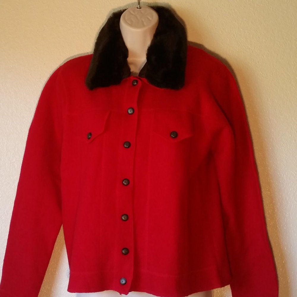 Charter Club Red Wool Jacket Removable fur collar